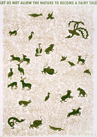 Julisteessa on koristeellisia eläinhahmoja, jotka muistuttavat satujen hahmoja.