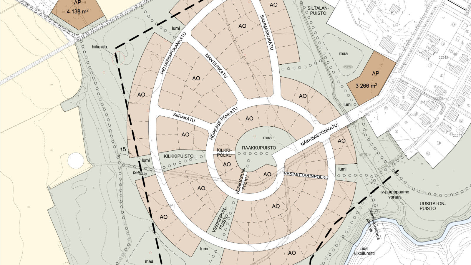 Kuvassa päivitetty asemakaavaluonnos. Uudessa versiossa metsää säilyy rakentamiselta sen siirtyessä kohti pohjoista.