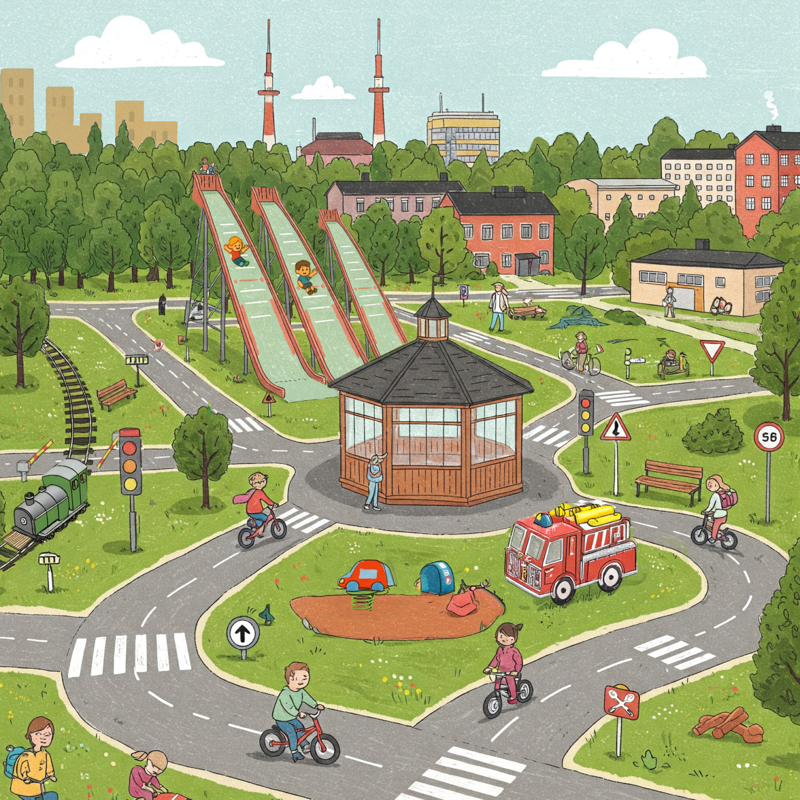 Vehreässä piirustuksessa lapset ajavat pyörillä ja leikkivät liikennekaupunki-leikkipuistossa, mikä on miniversio Lahden kaupungista. Liukumäet muistuttavat hyppyrimäkiä ja tautalla näkyy radiomastot.
