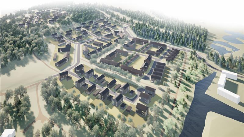 Havainnekuva ilmakuva Kariston uudesta omakotitaloasuinalueesta Karistonrinteestä