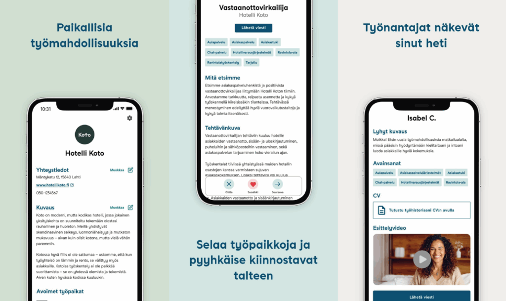 Kolme näkymää, joissa esitellään Workit-sovelluksen ominaisuuksia
