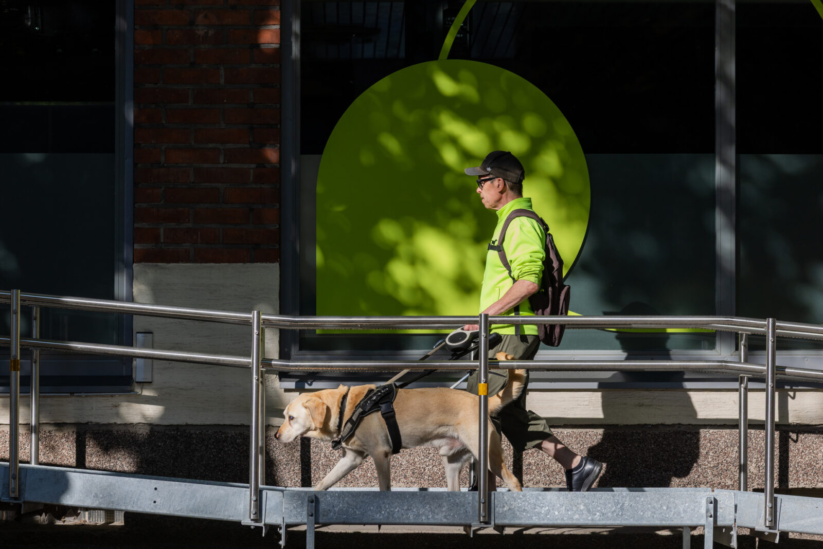 Näkövammainen kävelee opaskoiran kanssa